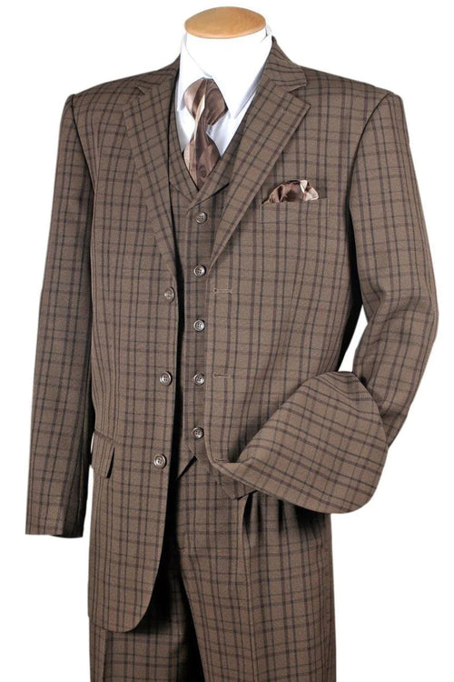 Mens 3 Button Vested Windowpane Plaid Fashion Suit in Brown by Fortino Landiin