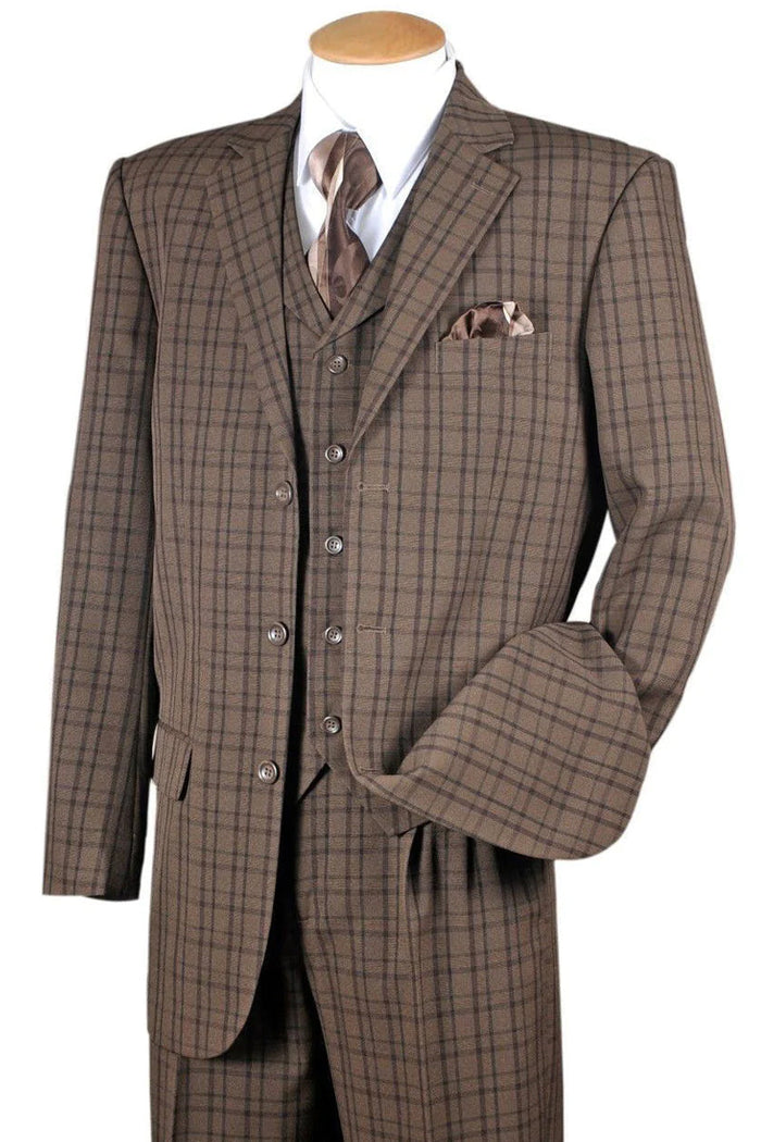Mens 3 Button Vested Windowpane Plaid Fashion Suit in Brown by Fortino Landiin