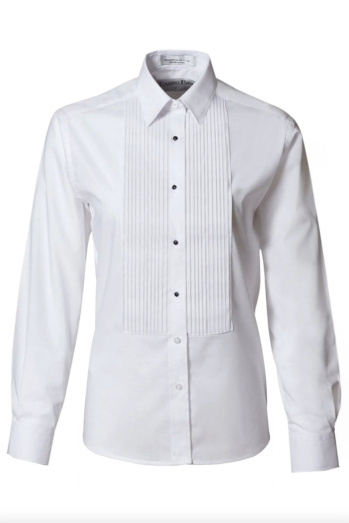 Karen Women's White Pleated Laydown Tuxedo Shirt - Classic Collection