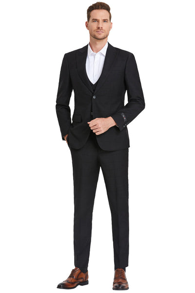 Men's Sharkskin Two Button Suit in Black Windowpane Plaid