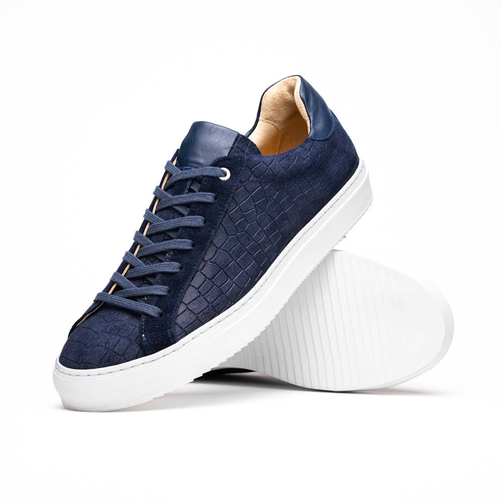 Zelli Kobe Luxury Sneaker in Navy Crocodile-Embossed Suede
