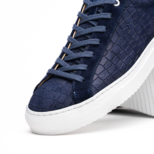 Zelli Kobe Luxury Sneaker in Navy Crocodile-Embossed Suede