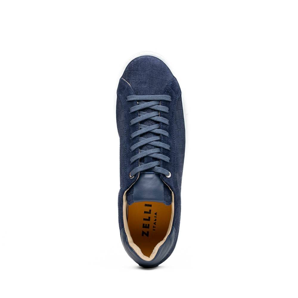 Zelli Kobe Luxury Sneaker in Navy Crocodile-Embossed Suede