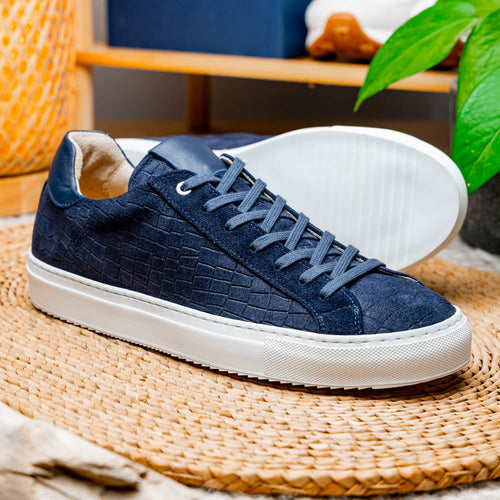 Zelli Kobe Luxury Sneaker in Navy Crocodile-Embossed Suede