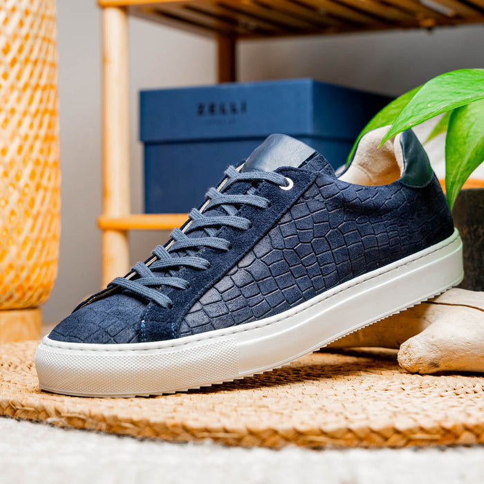 Zelli Kobe Luxury Sneaker in Navy Crocodile-Embossed Suede