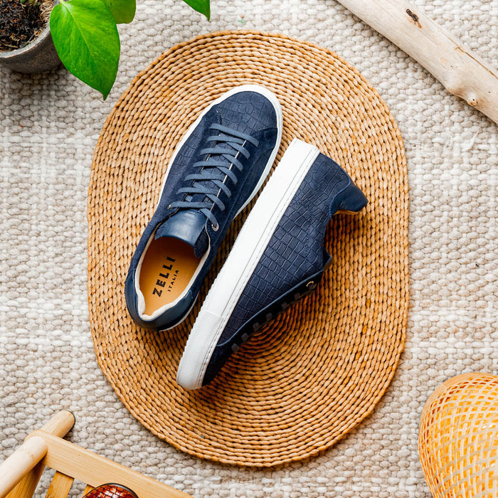 Zelli Kobe Luxury Sneaker in Navy Crocodile-Embossed Suede