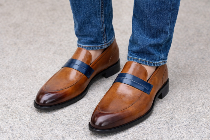 Carrucci Mens Penny Loafer in Contrast Strap