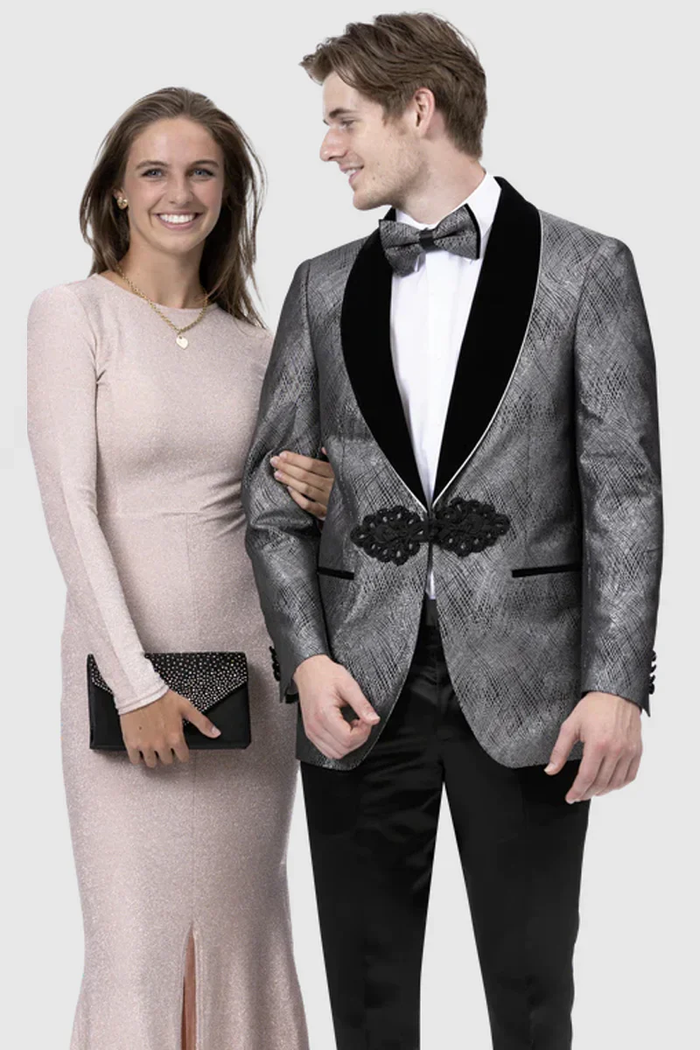 Designer Gray Prom Tuxedo - Grey Wedding Hatch Pattern Tuxedo