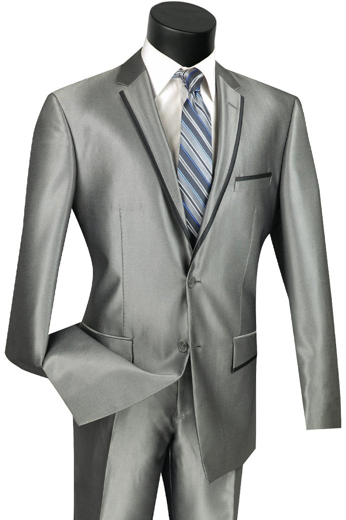 Mens Slim Fit Shiny Sharkskin Suit with Trim in Blue by Vinci