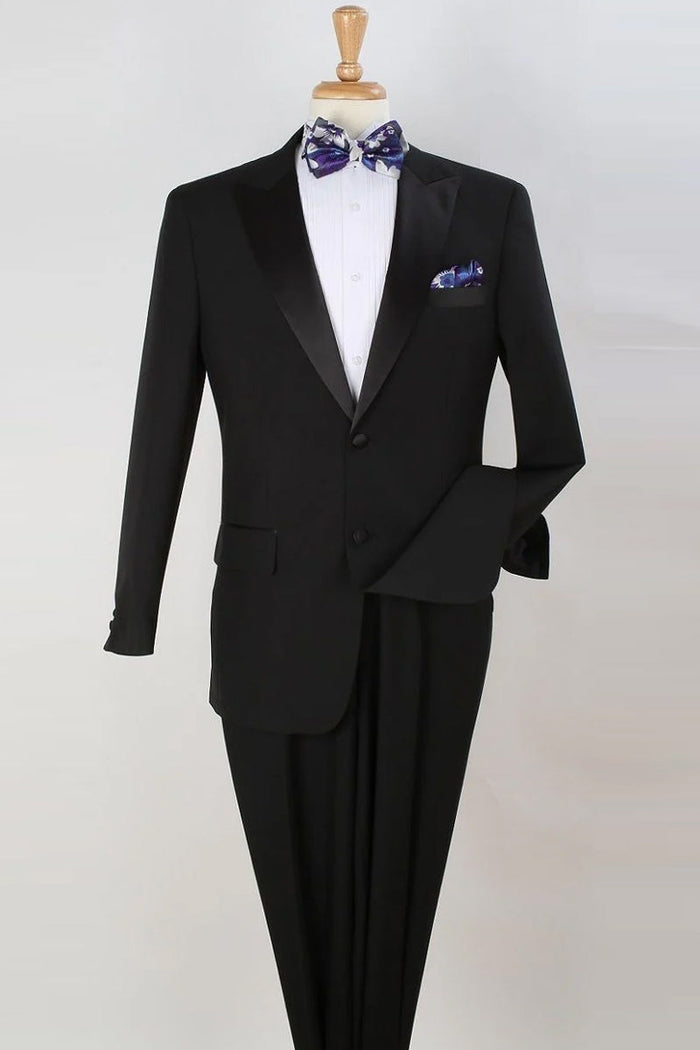 Mens 2 Button Classic Fit Pleated Pant Peak Lapel Tuxedo in Black by Royal Diamond