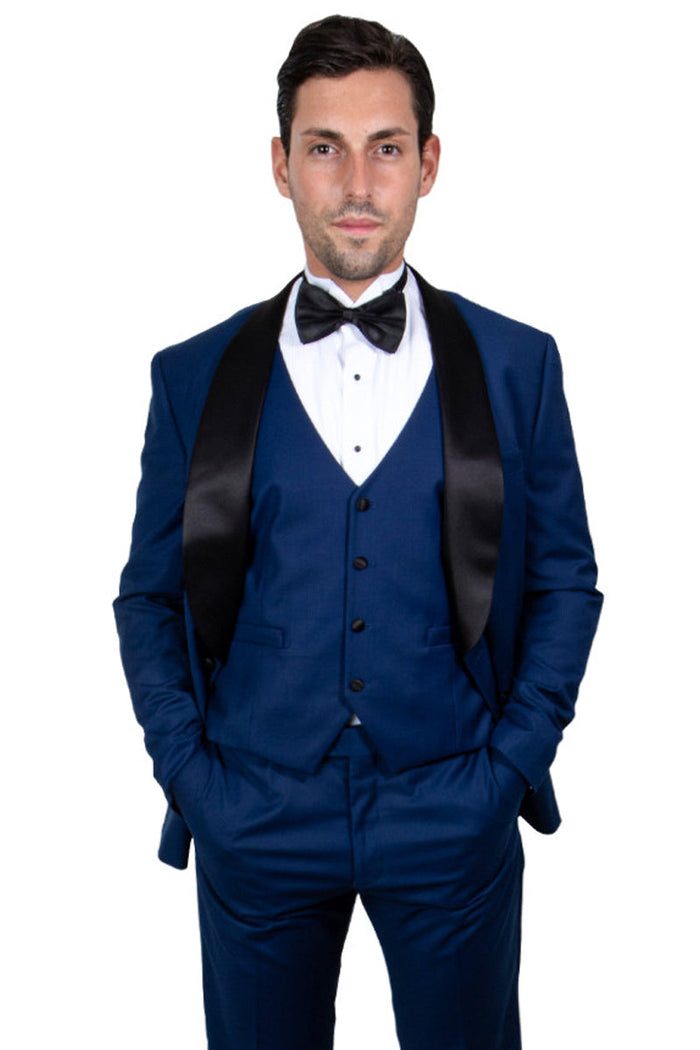 Elegant Indigo Blue Tuxedo for Prom or Wedding: Stacy Adams Vested Shawl Lapel 1-Button