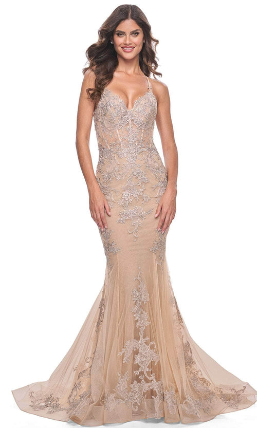 La Femme 30716 Adjustable Strap Appliqued Prom Gown