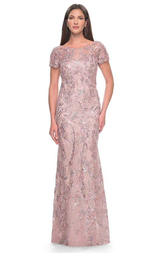 La Femme 31672 Beaded Floral Patterned Short Sleeve Evening Dress