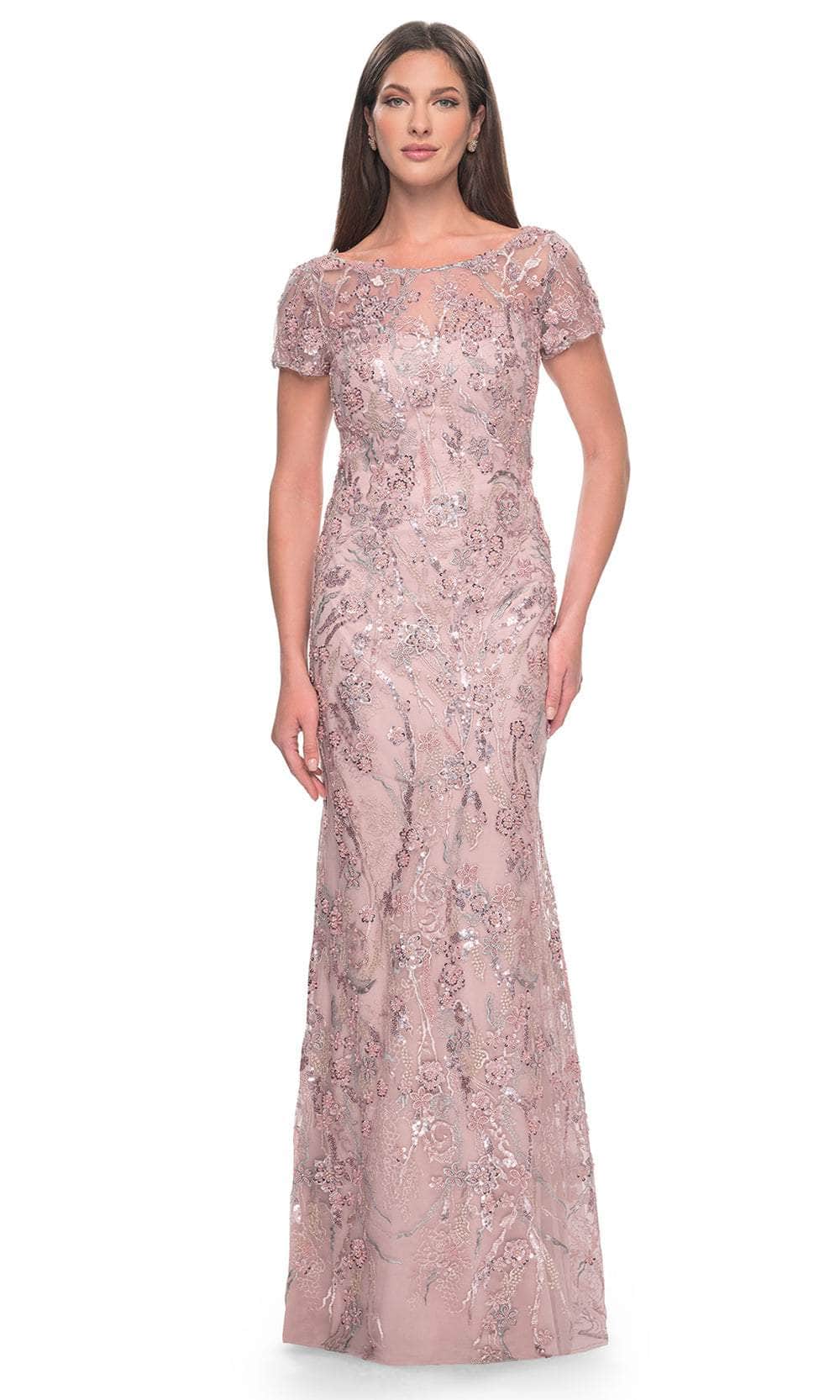La Femme 31672 Beaded Floral Patterned Short Sleeve Evening Dress