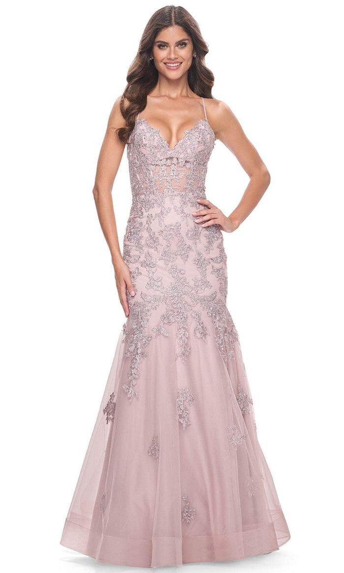 La Femme 32004 Deep V-Neck Embroidered Prom Gown