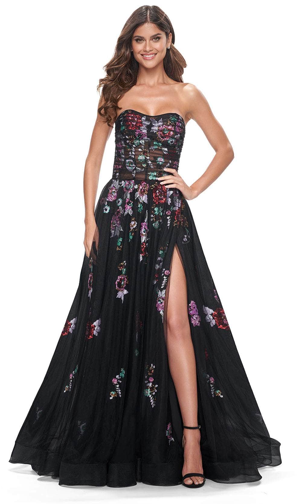 La Femme 32072 Strapless Floral Sequin Embellished Prom Gown
