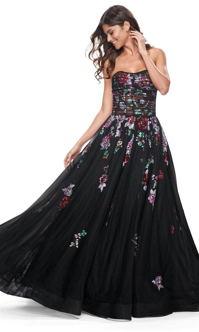 La Femme 32072 Strapless Floral Sequin Embellished Prom Gown