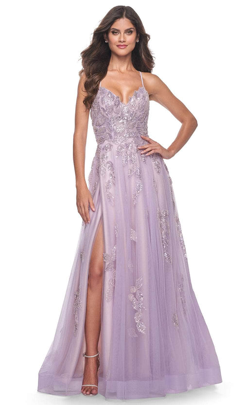 La Femme 32090 V-Neck Beaded Foliage Prom Gown
