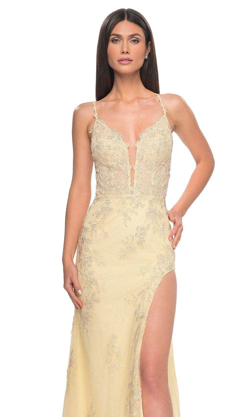 La Femme 32205 Embroidered Plunging Neckline Prom Gown