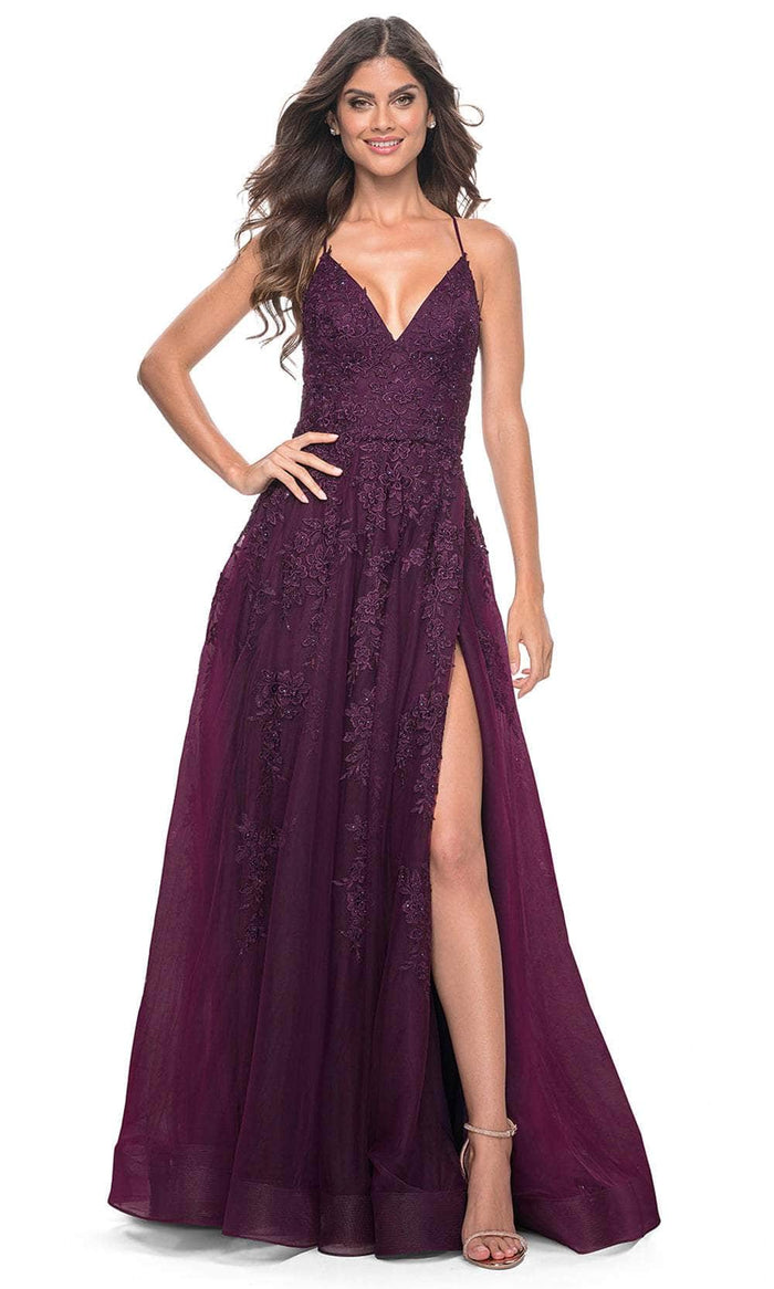 La Femme 32303 V Neck Embroidered Tulle Prom Gown