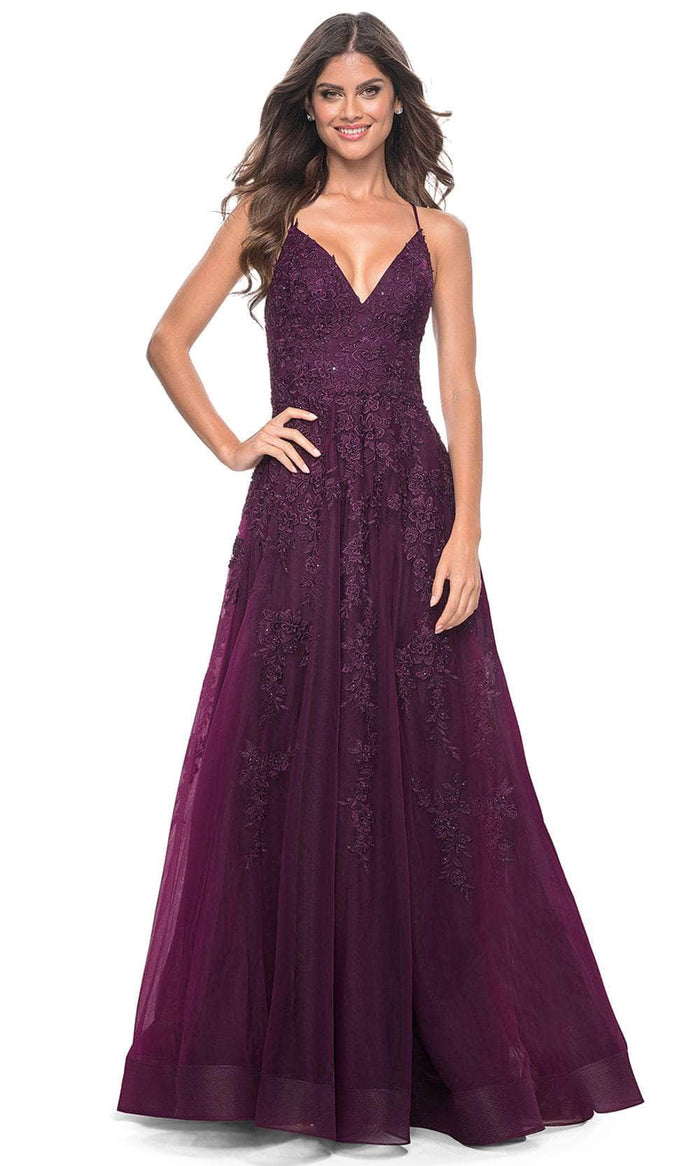 La Femme 32303 V Neck Embroidered Tulle Prom Gown