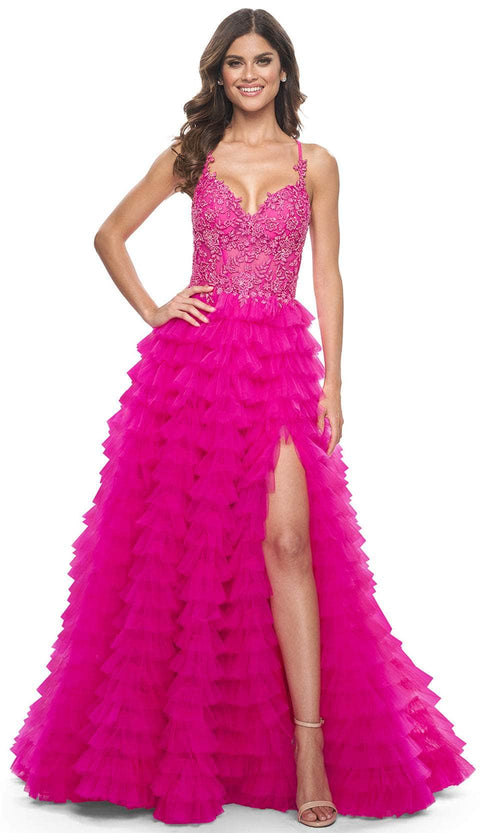 La Femme 32334 Lace Applique Ruffled A-Line Prom Gown