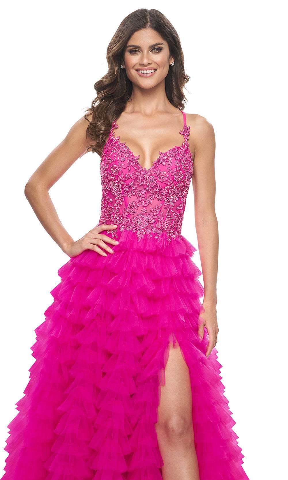 La Femme 32334 Lace Applique Ruffled A-Line Prom Gown