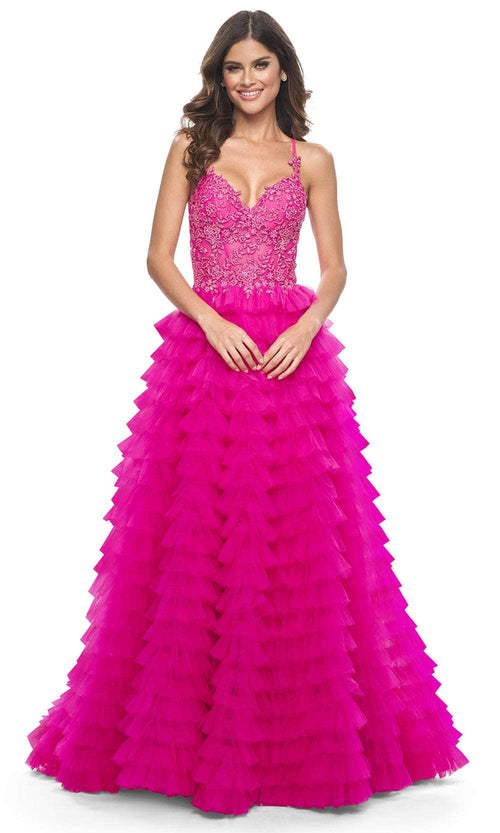La Femme 32334 Lace Applique Ruffled A-Line Prom Gown
