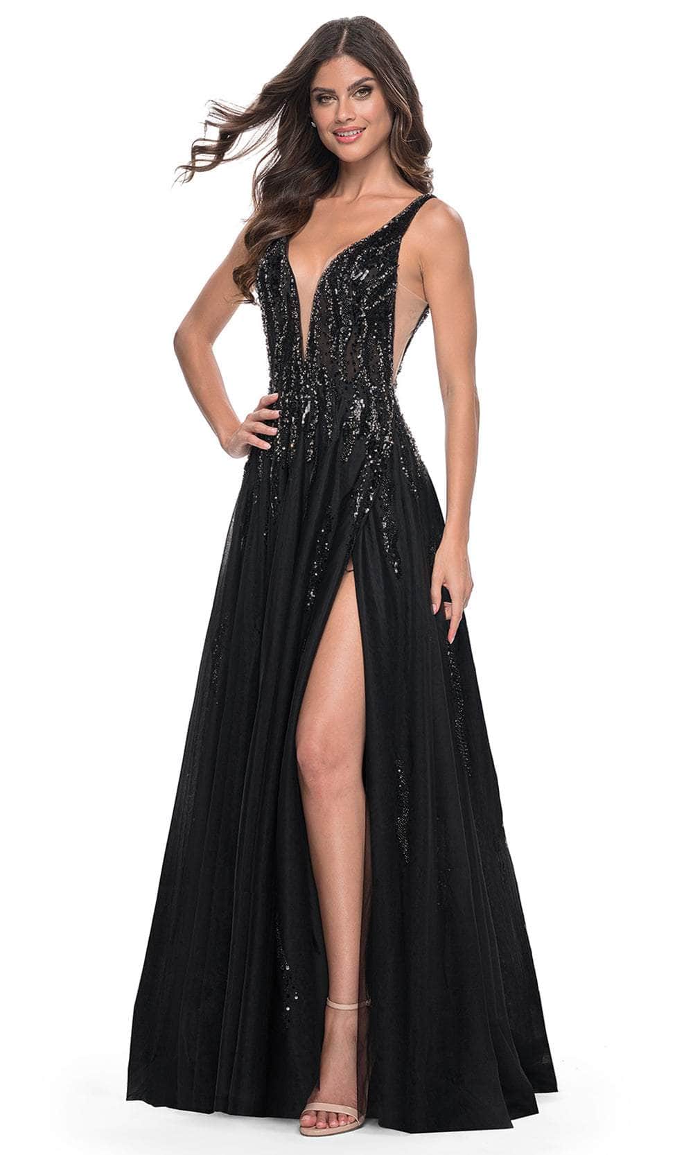 La Femme 32345 Plunging V-Neck Rhinestone Embellished Prom Gown