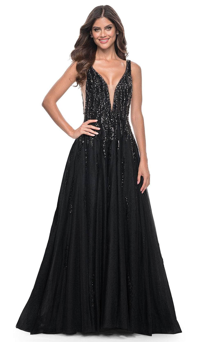 La Femme 32345 Plunging V-Neck Rhinestone Embellished Prom Gown
