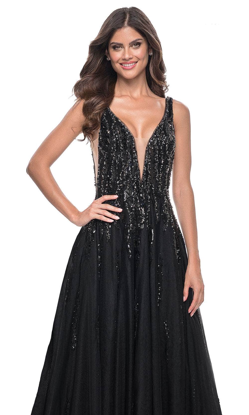 La Femme 32345 Plunging V-Neck Rhinestone Embellished Prom Gown