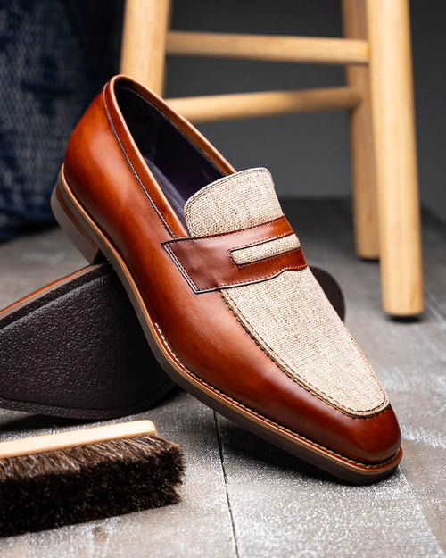 Zelli Lago Hand-Burnished Calfskin & Linen Penny Loafers in Cognac