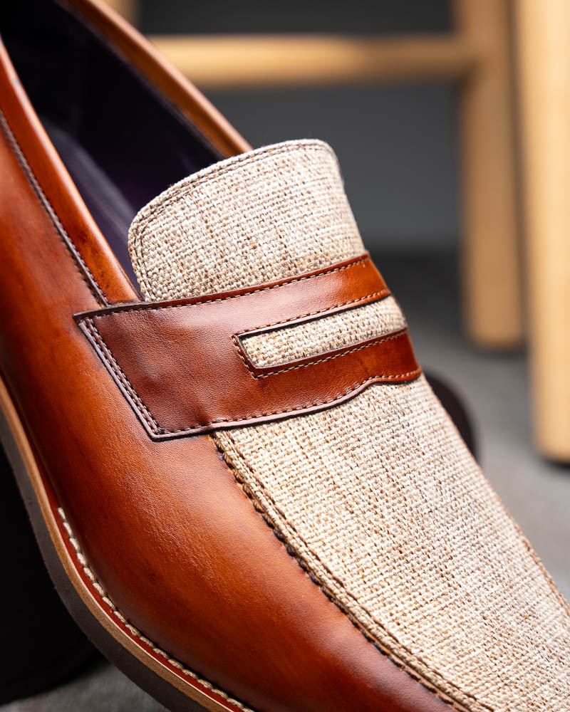 Zelli Lago Hand-Burnished Calfskin & Linen Penny Loafers in Cognac