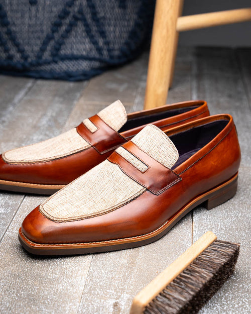 Zelli Lago Hand-Burnished Calfskin & Linen Penny Loafers in Cognac