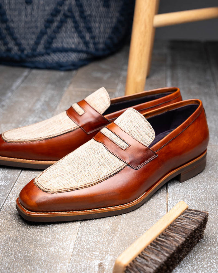 Zelli Lago Hand-Burnished Calfskin & Linen Penny Loafers in Cognac