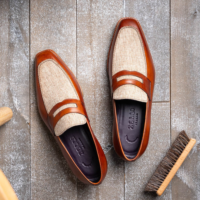 Zelli Lago Hand-Burnished Calfskin & Linen Penny Loafers in Cognac