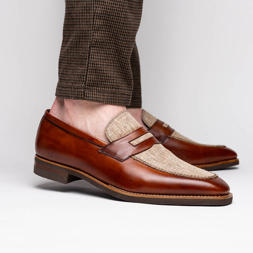 Zelli Lago Hand-Burnished Calfskin & Linen Penny Loafers in Cognac