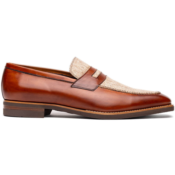Zelli Lago Hand-Burnished Calfskin & Linen Penny Loafers in Cognac