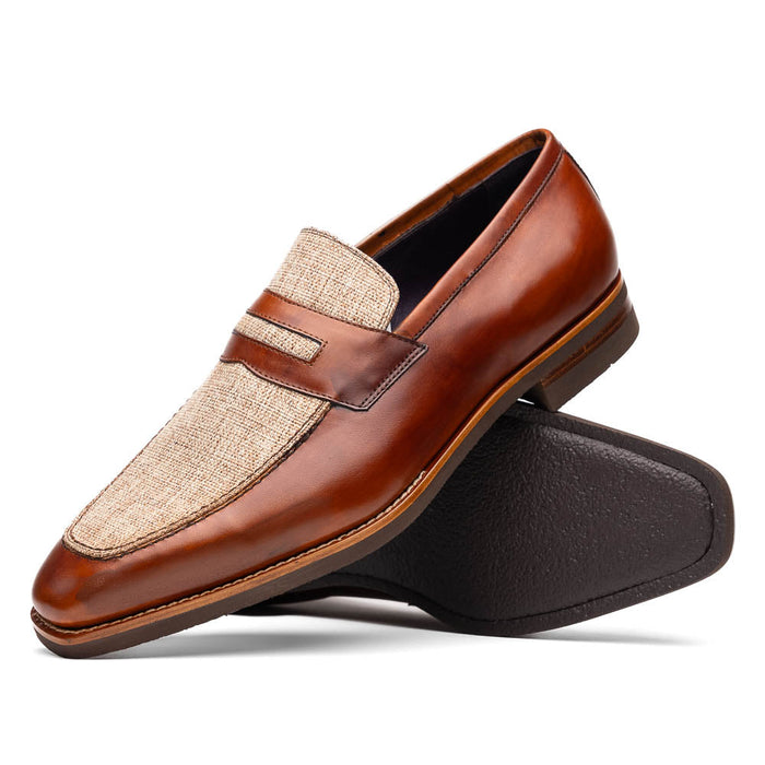 Zelli Lago Hand-Burnished Calfskin & Linen Penny Loafers in Cognac