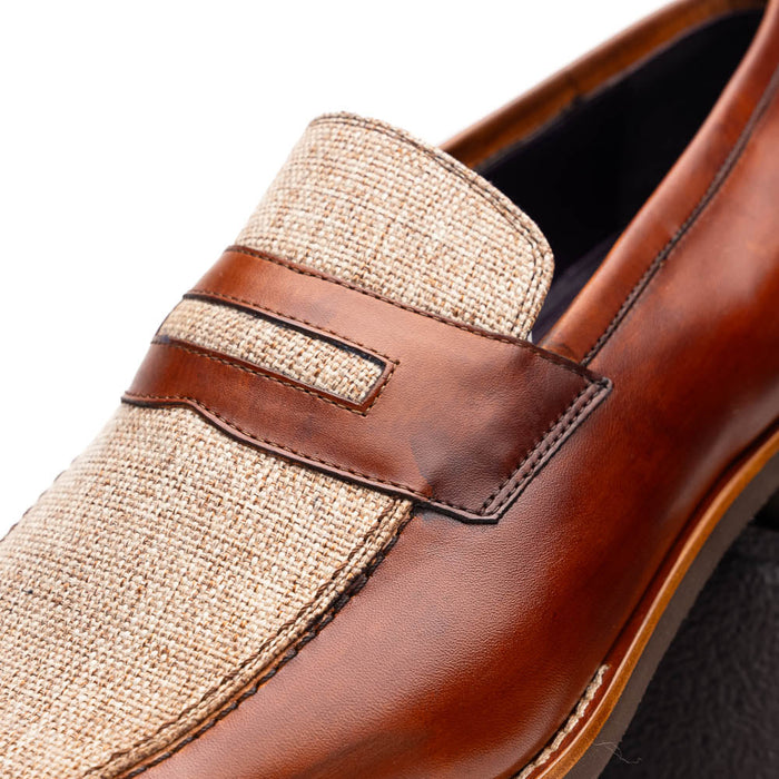 Zelli Lago Hand-Burnished Calfskin & Linen Penny Loafers in Cognac