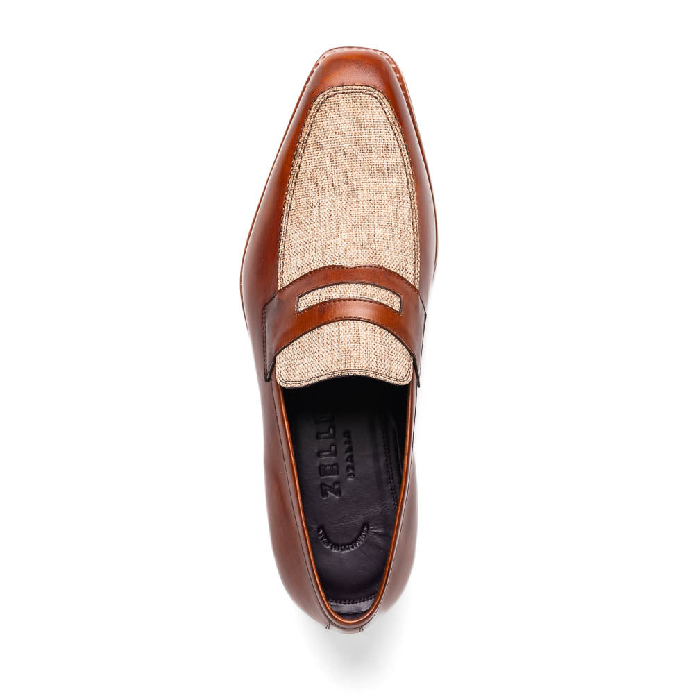 Zelli Lago Hand-Burnished Calfskin & Linen Penny Loafers in Cognac
