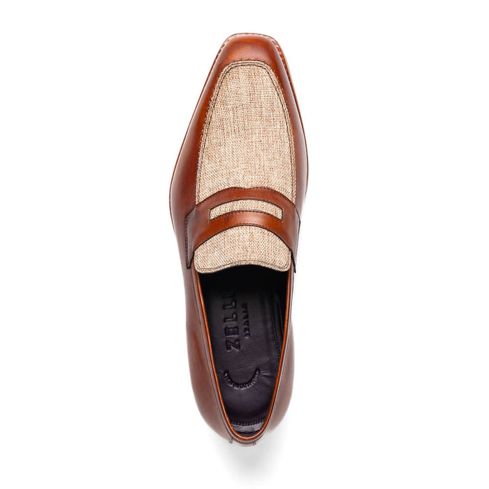 Zelli Lago Hand-Burnished Calfskin & Linen Penny Loafers in Cognac