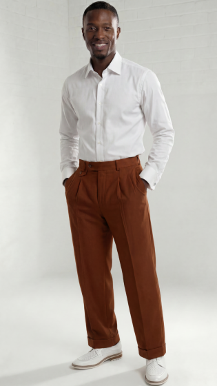 Mens Wide Leg Pants Classic Fit Pleated Pants in Color "Cognac" 20.5 inch bottom Pants come lined to the knee. – SuitUSA