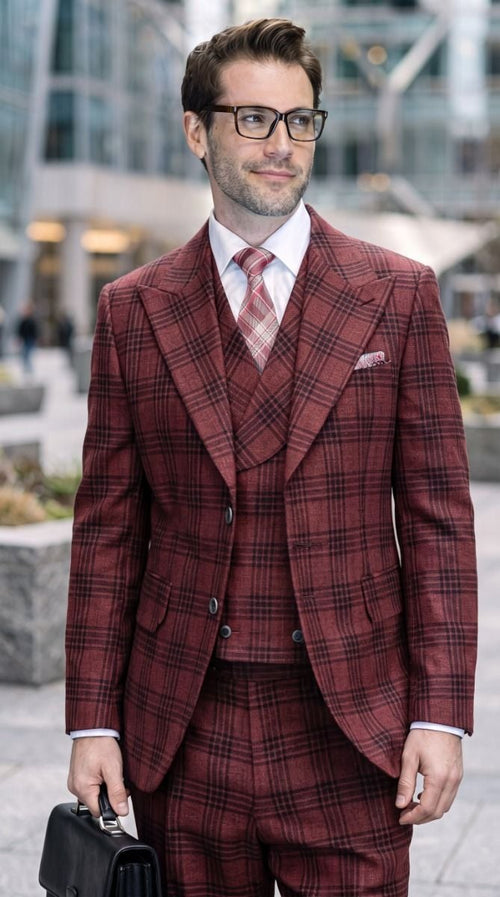 Statement Men's 3-Piece 100% Wool Tailored Fit Glen Plaid Suit - Double Breasted Vest - Burgundy