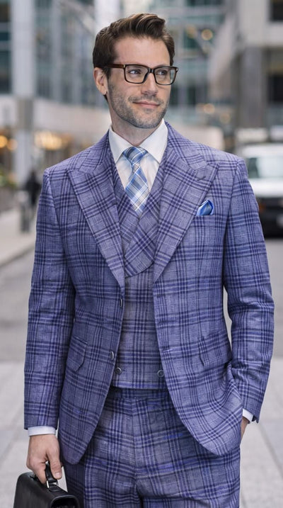 Statement Men's 3-Piece 100% Wool Tailored Fit Glen Plaid Suit - Double Breasted Vest - Navy