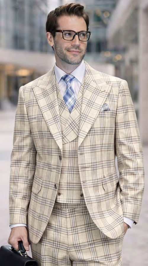 Statement Men's 3-Piece 100% Wool Tailored Fit Glen Plaid Suit - Double Breasted Vest - Tan