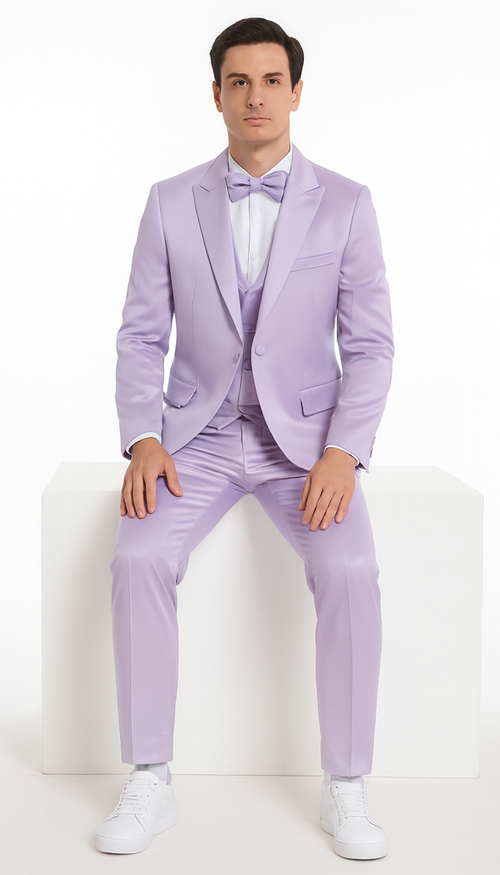 Lavender Satin 3 Piece Slim Fit Tazzio Men's Suit with Peak Lapel Jacket – Modern Design