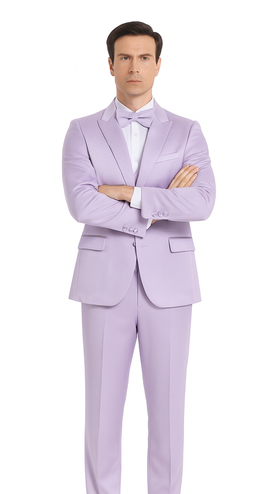 Lavender Satin 3 Piece Slim Fit Tazzio Men's Suit with Peak Lapel Jacket – Modern Design