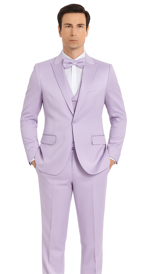 Lavender Satin 3 Piece Slim Fit Tazzio Men's Suit with Peak Lapel Jacket – Modern Design