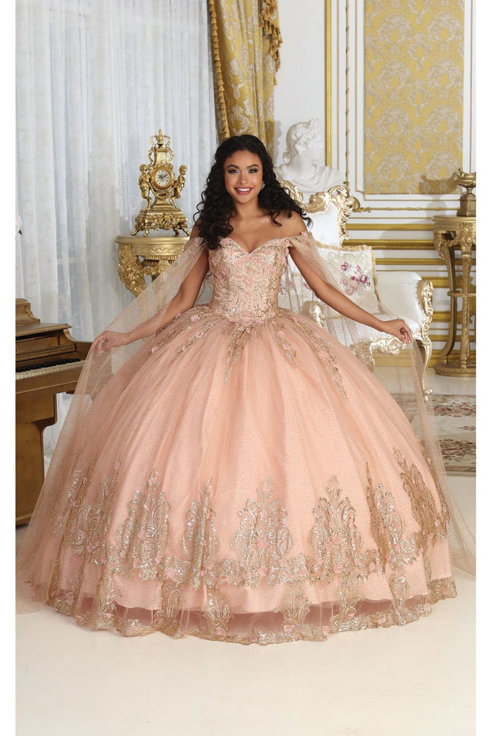 Layla K LK211 Corset Back Cape Sleeves Glitter 3D Floral Ball Gown - Dress